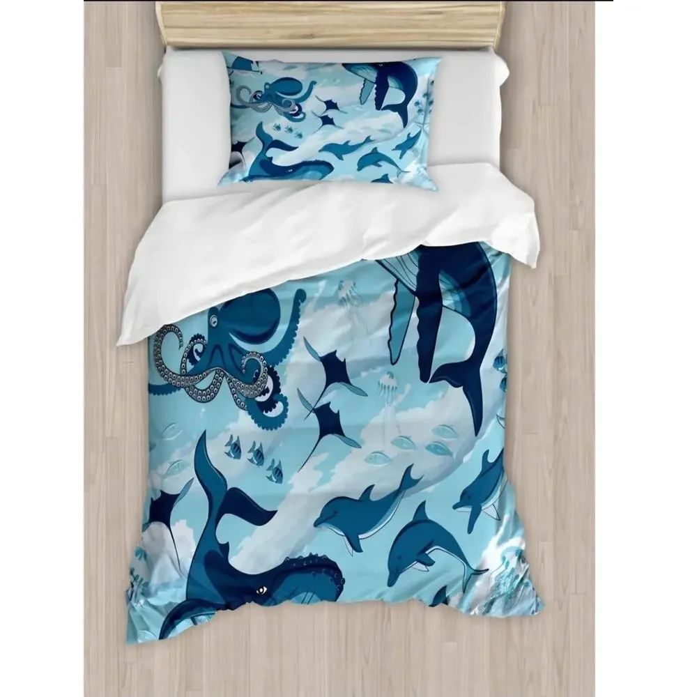 NEW Blue Ocean duvet bedding set with ocean whales /octopus and sea life